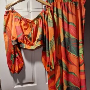 SHEIN Orange Off The Shoulder Dress with Green and Red Accents